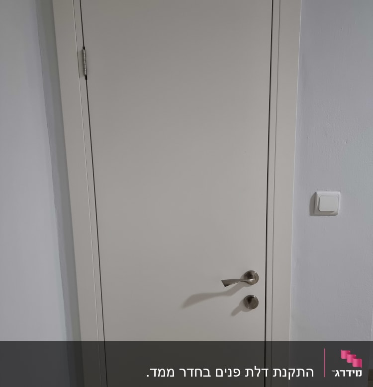 דלת לבנה עם ידית מתכת ומתג ליד